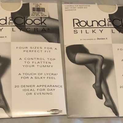 Lot Of 2 Ivory ROUND The CLOCK SILKY LYCRA CONTROL TOP PANTYHOSE Size B